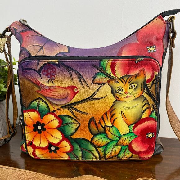 Anuschka Hand Painted Multi Pocket Hobo Leather Crossbody Bag Cat Floral Motif - Picture 2 of 14